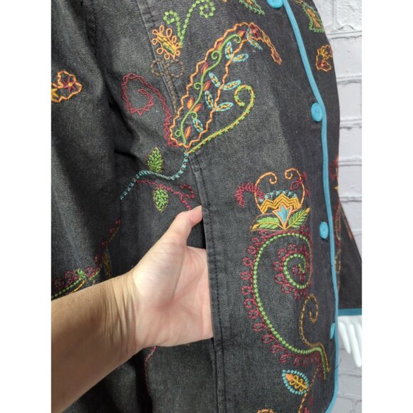 Denim & Co Vintage Embroidered Denim Jacket Pants Set Small QVC NEW - Picture 3 of 14